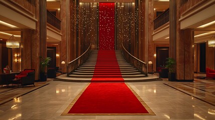 Grand hotel lobby with red carpet staircase.