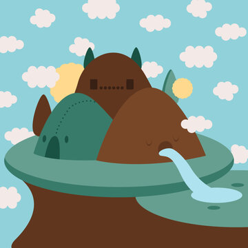 Cute Mountains with River and Sun Illustration