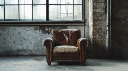Worn brown leather armchair in a rustic industrial setting with large windows and exposed brick.