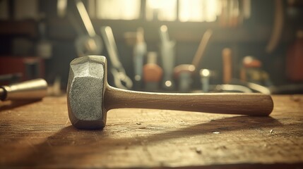Vintage hammer on workbench in sunlit workshop