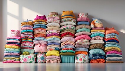 A vibrant display of neatly stacked pillows and blankets in a variety of colors and patterns, creating a cozy atmosphere.