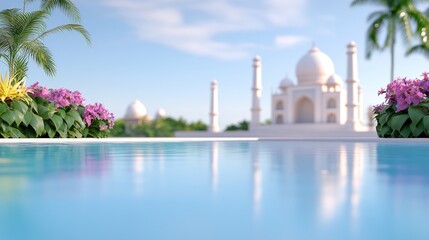 Naklejka premium A serene view of a reflective pool in front of the Taj Mahal, surrounded by lush greenery and vibrant flowers under a clear blue sky.