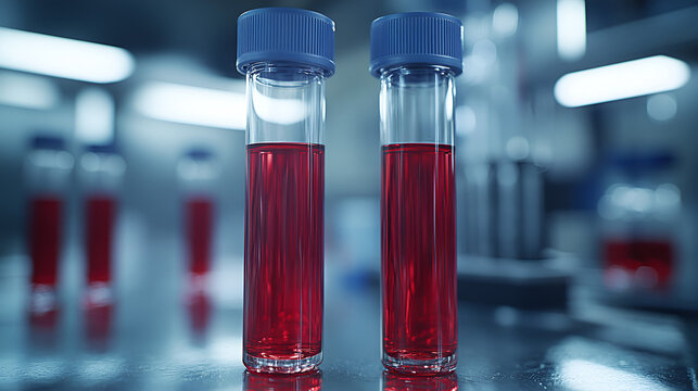 Crimson secrets: Two vials of vibrant red liquid stand in a sterile lab, hinting at breakthroughs and scientific mysteries under cool blue lighting.