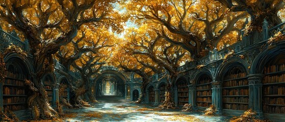 Fototapeta premium Ancient library, autumnal trees