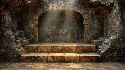 Ancient stone steps, illuminated archway