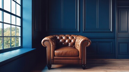 Fototapeta premium Brown leather armchair in a dark blue room with a large window.