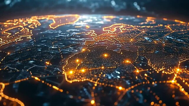 A glowing world map with financial networks linking major cities through light trails and digital symbols, representing global financial connectivity