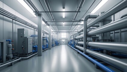 Fototapeta premium A spacious industrial corridor filled with metallic piping and machinery, showcasing a modern design.