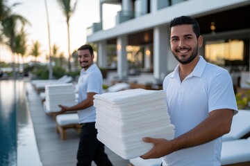 Two smiling staff members carry neat stacks of freshly laundered towels, ready to enhance the relaxation experience for guests lounging by a luxurious hotel poolside.