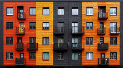 modern apartment building with vibrant orange and black facade featuring multiple balconies