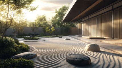 Serene Japanese garden with minimalist architecture at sunset.