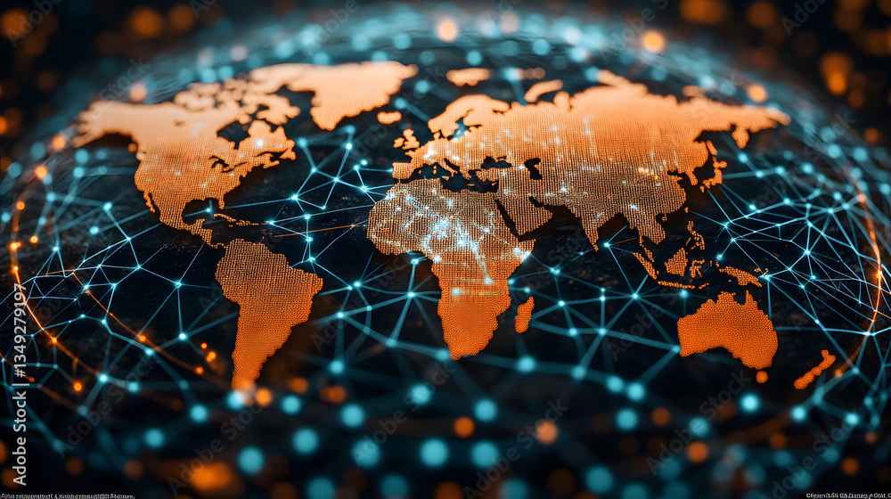 Poster Digital world map with network connections and glowing nodes
