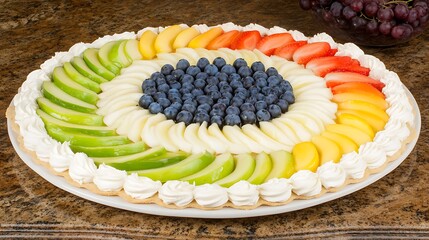 An oval shaped dessert tart decorated with various colorful sliced fruits