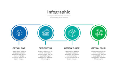 Infographic chain with 4 circle options. Presentation, Report, Information, Plan and Strategy. Vector illustration.