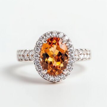 Elegant Gemstone Ring with Orange Topaz and Diamond Halo on White Background