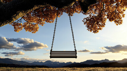 wooden swing hangs from tree with autumn leaves, overlooking scenic mountain landscape at sunset