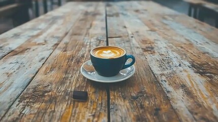 A coffee cup with beautiful latte art sitting on wood