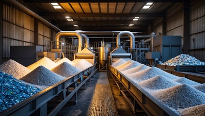 An industrial facility showcasing piles of recycled materials under warm lighting.