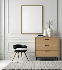 A blank frame on a white wall with decorative molding , a black cabinet with vases and books, a black stool, and a patterned rug