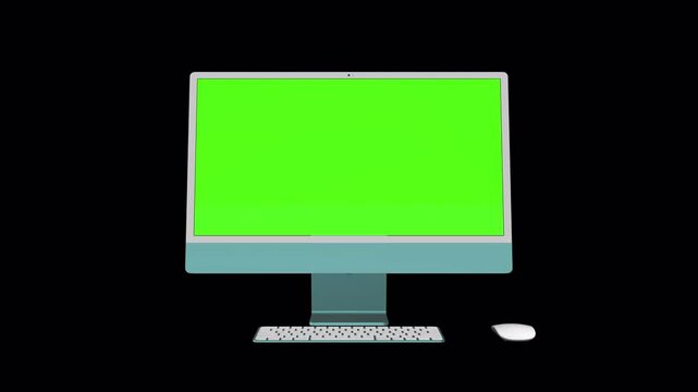Modern computer with green screen, isolated on black background . 3d render.