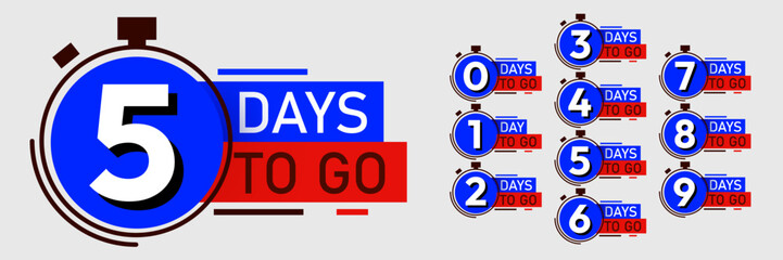Countdown left days banner. Discounts and sale time. Nine, eight, seven, six, five, four, three, two, one, zero days left.