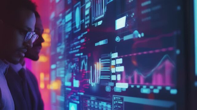 Two colleagues deep in conversation lean forward as they analyze a rotating 3D hologram of potential market sectors their expressions thoughtful and engaged surrounded by digital displays