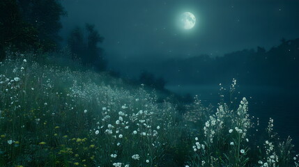 Obraz premium A serene view of a water's edge illuminated by moonlight showcases an array of wildflowers gently swaying in the cool night breeze. Mist adds to the mysterious atmosphere