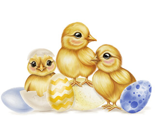 Easter illustration in watercolor style. 3 cute yellow chicks, one in an egg and 4 Easter eggs. Spring print with chicks for greeting card