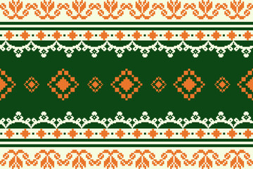 Cross Stitch Border. Embroidery Cross Stitch. Ethnic Patterns. Geometric Ethnic Indian pattern. Native Ethnic pattern.Texture Textile Fabric Clothing Knitwear print. Pixel Horizontal Seamless Vector.