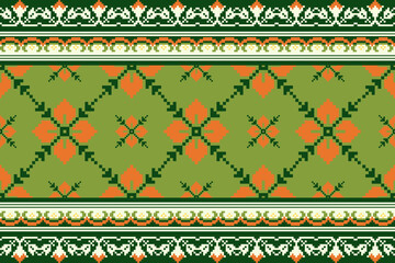 Cross Stitch Border. Embroidery Cross Stitch. Ethnic Patterns. Geometric Ethnic Indian pattern. Native Ethnic pattern.Texture Textile Fabric Clothing Knitwear print. Pixel Horizontal Seamless Vector.