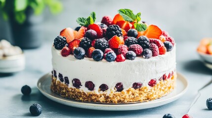 A beautifully decorated berry cheesecake topped with fresh strawberries and mint leaves on a rustic table