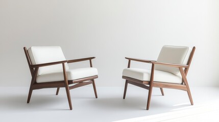 Two mid-century modern armchairs with white cushions and dark wood frames, set against a minimalist white backdrop.