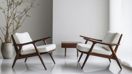 Two mid-century modern armchairs with white cushions and a small wooden side table in a minimalist room.