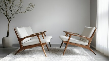 Two mid-century modern armchairs with white cushions and wooden frames in a minimalist room.