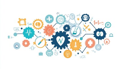 Colorful illustration of healthcare and technology icons interconnected with gears and symbols representing medical concepts