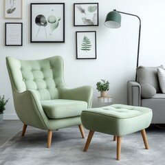 Elegant Interior with Light Green Armchair, Ottoman, and Matching Sofa