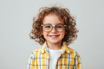 A young boy with curly hair is wearing glasses and smiling