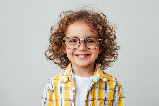 A young boy with curly hair is wearing glasses and smiling - Powered by Adobe
