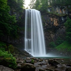 Obraz premium Waterfall in a lush forest with cascading water, rocks, and greenery