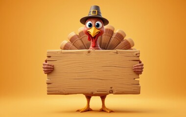Cartoon Turkey Holding Blank Wooden Sign with Pilgrim Hat for Thanksgiving