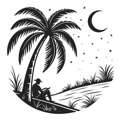 Palm Tree and Crescent Moon Illustration for Relaxation, Solitude, and Nighttime Inspiration

