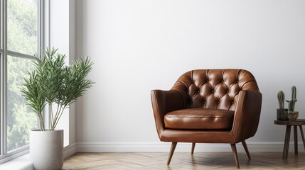 Brown leather armchair in a minimalist room with plants and a side table near a window.