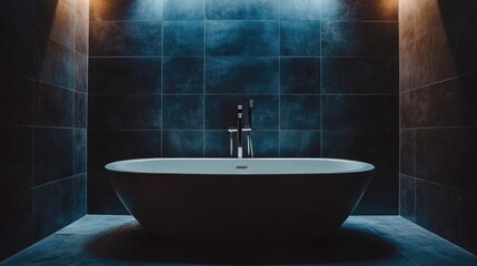 A modern freestanding bathtub with a sleek chrome faucet against a dark wall