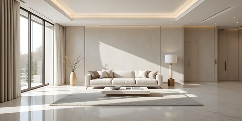 A modern, elegant living room with a beige sofa, marble walls, warm lighting, and floor-to-ceiling windows. The space feels airy and luxurious with soft tones and natural light.