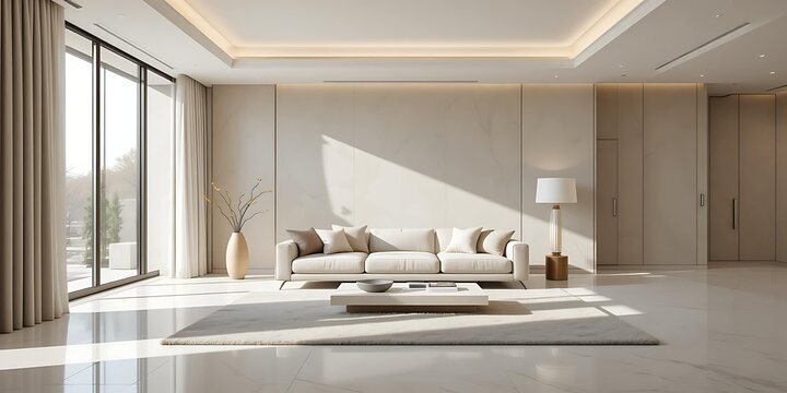 A modern, elegant living room with a beige sofa, marble walls, warm lighting, and floor-to-ceiling windows. The space feels airy and luxurious with soft tones and natural light.