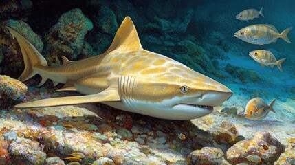 A nurse shark lying still on a rocky reef with small fish swimming around it