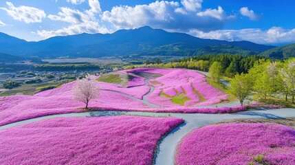 Spectacular aerial vista of pink moss phlox hills under a bright sky backdrop
