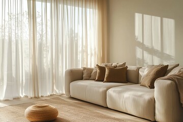 Minimalist, interior design of residential living room with a view of curtains from windows and sofa. Generative AI
