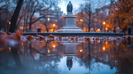 Autumn park statue reflection in puddle, city lights, pedestrians