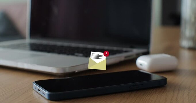Smartphone mobile receives 3D mail icon notification on the screen message animation on smartphone display. 3d graphic animation,social media network.